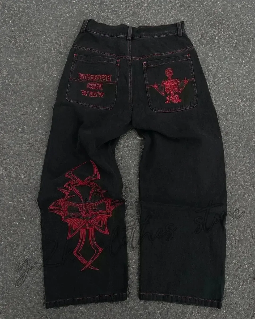 American Y2K Hip Hop Fashion Trend Skull Embroidery Spot Jeans Men Street Loose Straight Wide-leg Pants Couple Oversized Jeans — image 10