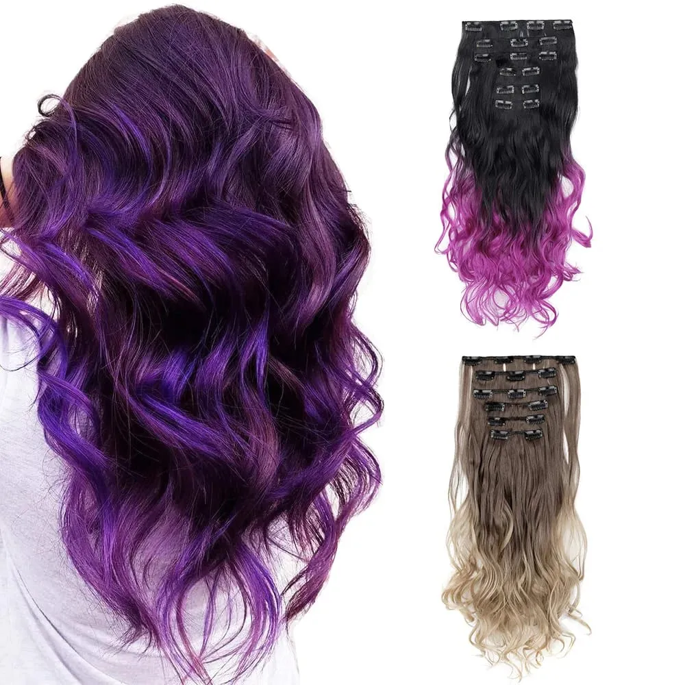 Grampo em extensões de cabelo 6 pçs peruca 20 Polegada longo ondulado sintético grosso trama dupla cabelo para mulheres cor gradiente uso diário — image 4