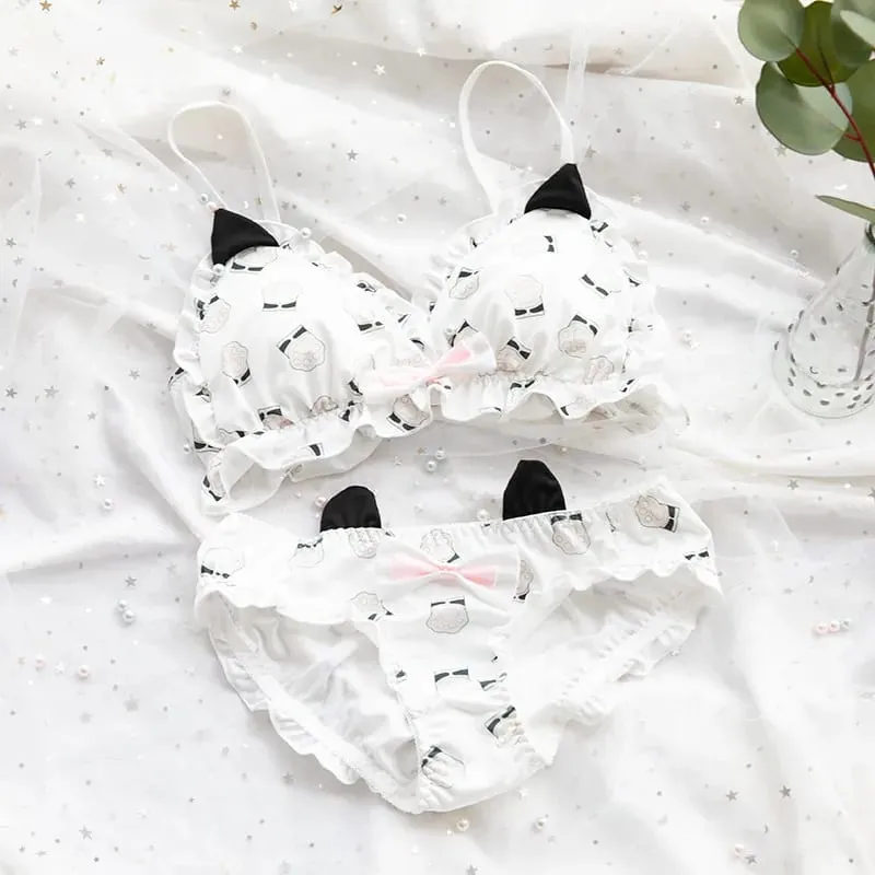 Japanse zachte meisjesbeha set schattig katje pootontwerp melkzijde stof draadvrije driehoekige cup dameslingerie — image 7