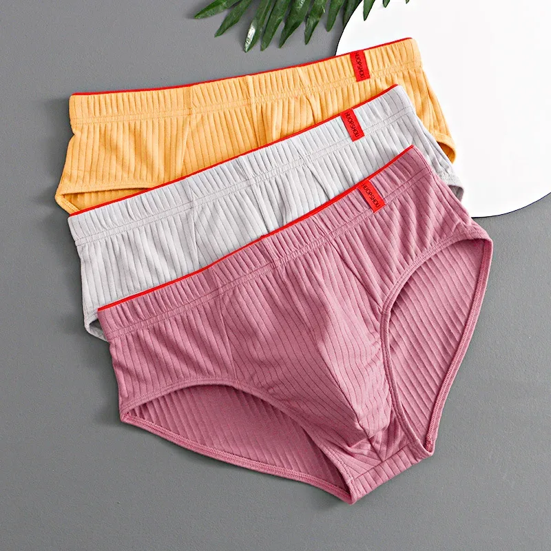 1/3PCS Panlalaking Brief sa Gitnang Baywang Elastic Soft Breathable Anti-septic U Convex Striped Solid Color Casual Men Underpants Underwear men — image 2