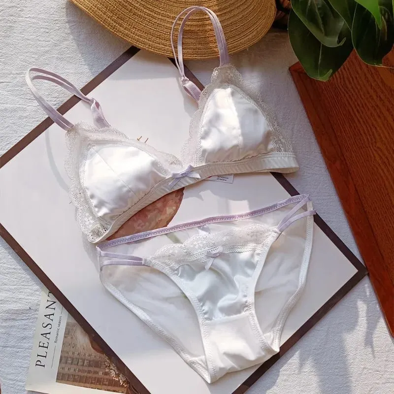 French Style Bralette No Underwire Sexy Lace Trim Small Cup Lingerie Cute 3-Piece Bra Set with Comfort Cup Shape Design S-xl — image 13