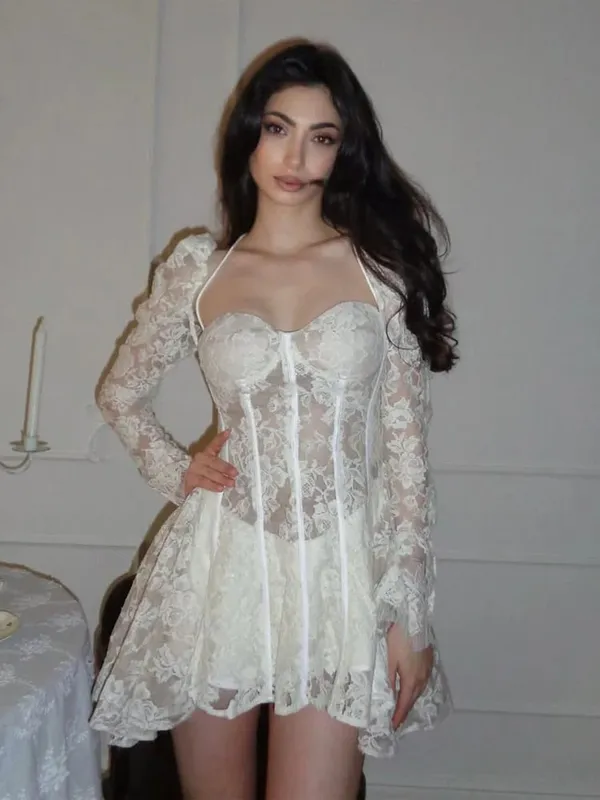 White Lace Lace-up Fishbone Mini Dress Women Chic Backless Full Sleeve See Through A-line Dresses 2026 Lady Evening Party Robe