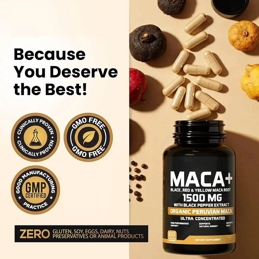 1500mg Organic Maca Root Black Red & Yellow - 60 Capsules - Black Maca Root Capsules for Men Supplement - Non-GMO Gluten-Free — image 7
