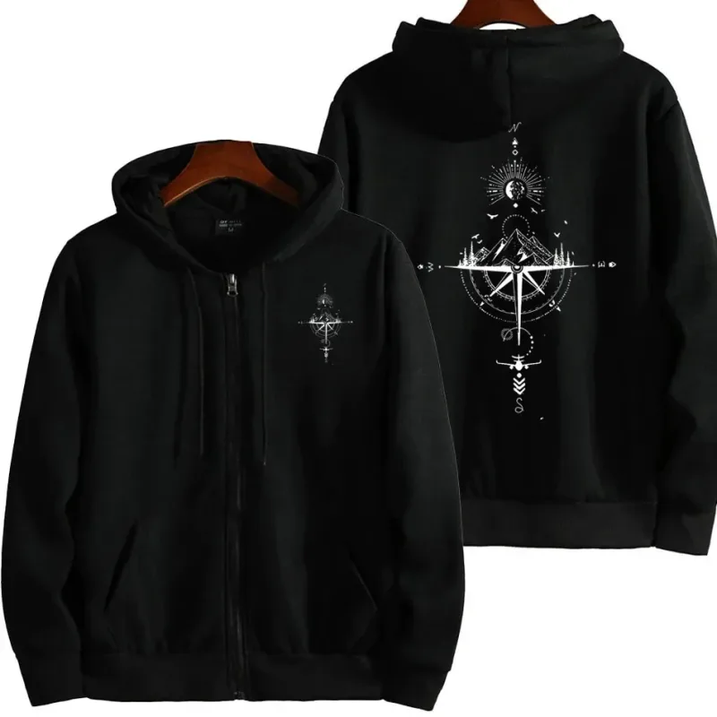 Vintage Compass Print Zip Huvtröjor för män Långärmad tröja med huva av hög kvalitet Vinter Dagligt Fritidssport Toppar Herrkläder