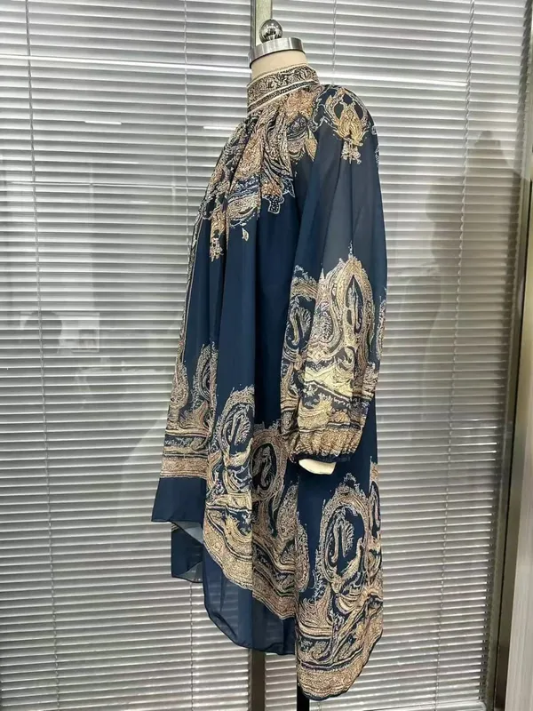 New European-style High-neck Printed Chiffon Dress with Loose Casual Vacation-themed Shawl Sleeves. — image 7