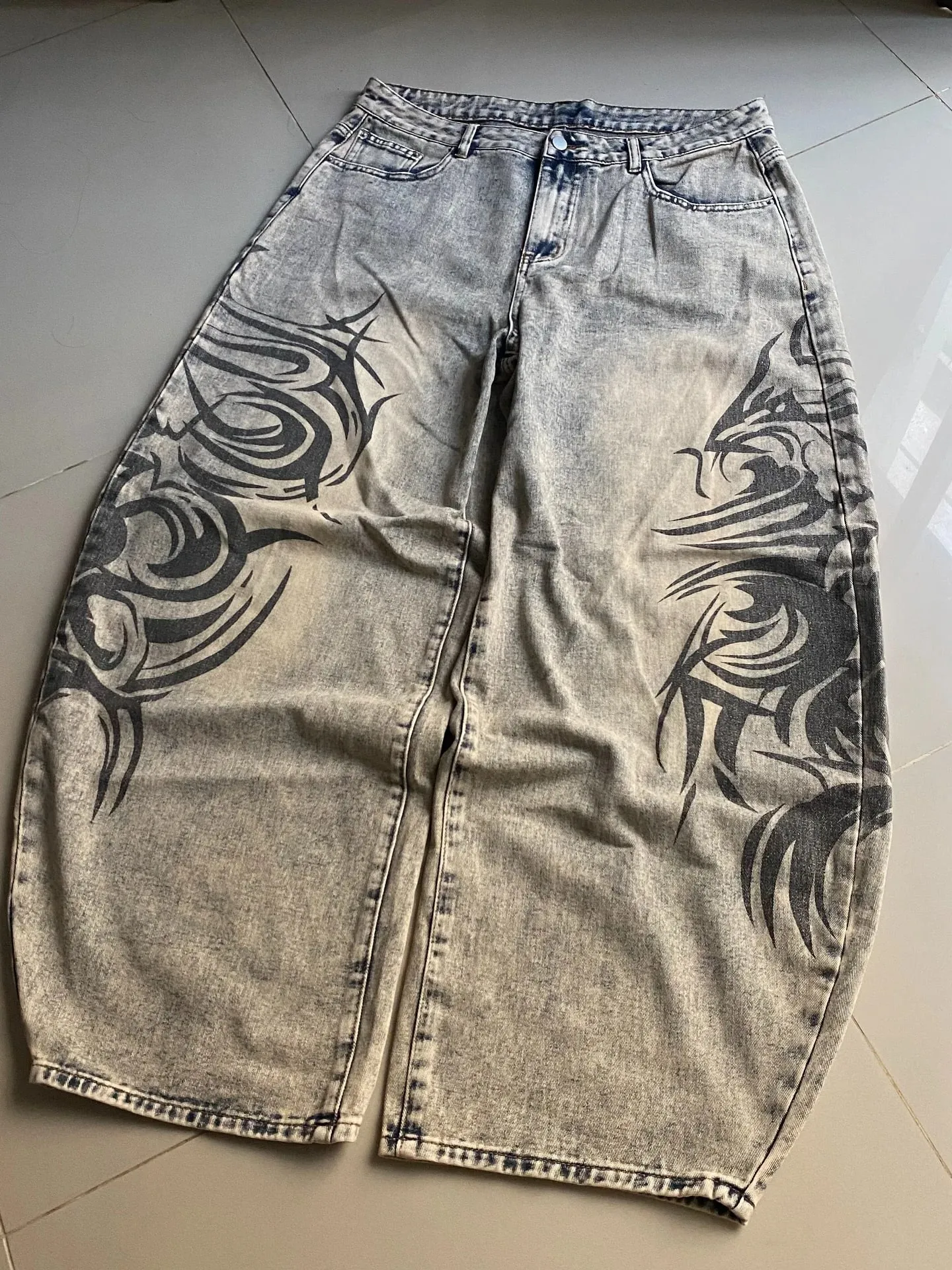American Y2K New Grey Printing Baggy Jeans Men Women High Street Vintage Hip Hop Harajuku Casual Joker Couple Wide-leg Pants — image 6