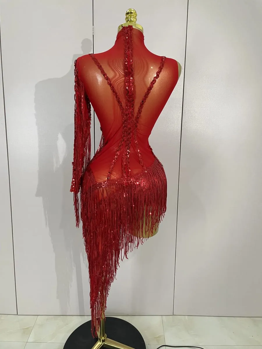 Strass brilhantes borla sexy vestido transparente feminino um ombro roupas de dança latina bar boate festa palco traje — image 4
