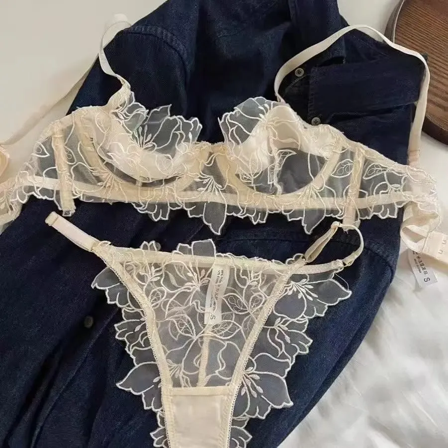 Sexy renda leve conjunto de sutiã macio underwire para elevador e suporte evita flacidez requintado bordado lingerie conjunto de duas peças — image 5