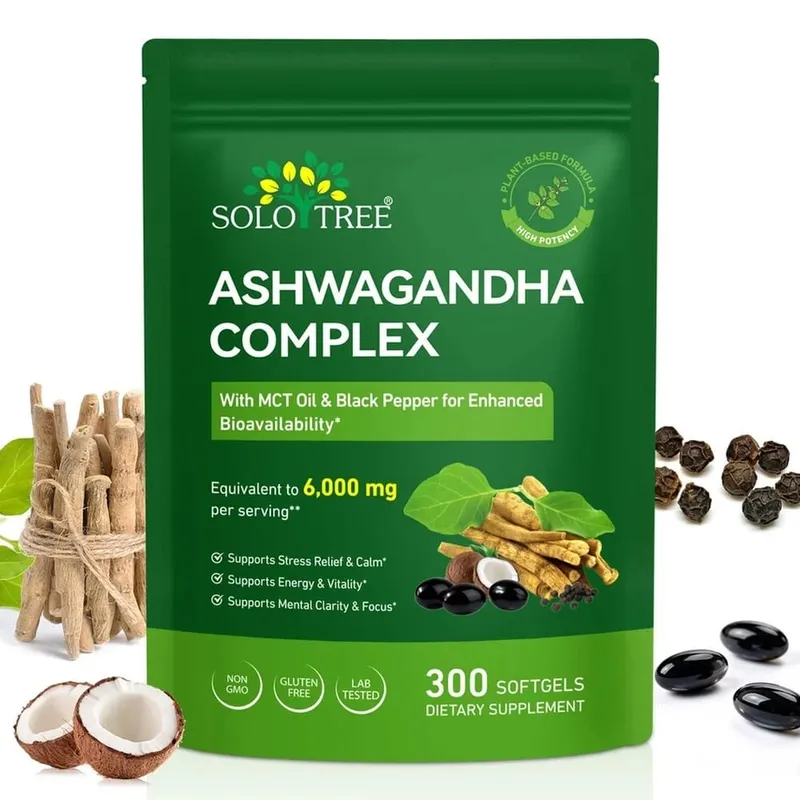 Solo Tree Ashwagandha Complex Softgels Supports Stress Relief Calm Mental Clarity Focus with MCT Oil & Black Pepper 300 Softgels