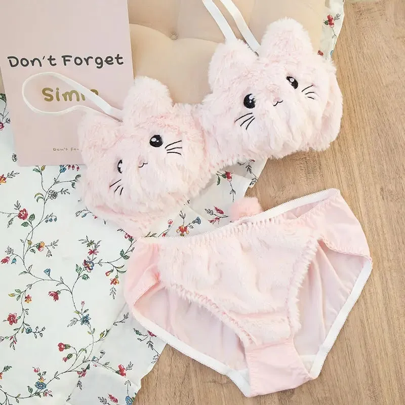 יפנית Kawaii בפלאש נשים סט חזיית ילדה חמודה חתול נוחה סט חזייה מצוירת הלבשה תחתונה מקסימה רכה לסטודנטים — image 2