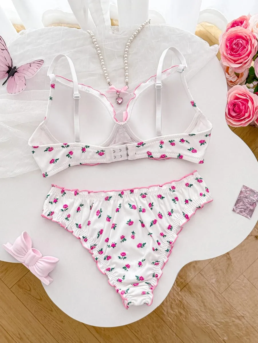 Floral a b c d cup conjunto de roupa interior feminina malha com nervuras push up sutiã diário conforto calcinha feminino babado borda lingerie conjunto — image 2