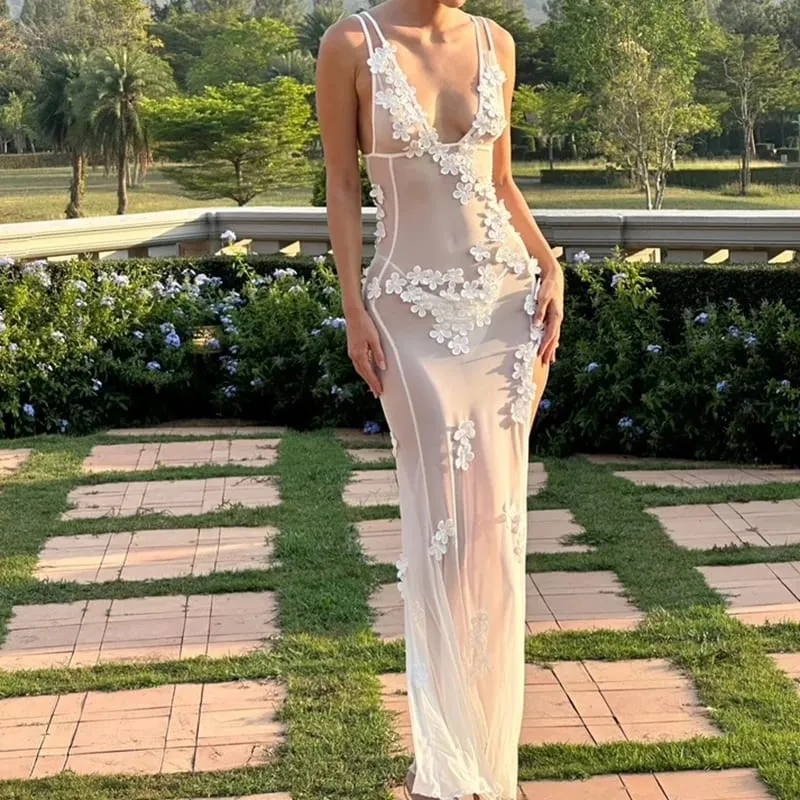 Kvinnor Sexig Fest Natt Rygglös V-hals Delad Cocktailklänning 90-talet Vintage Blommig Sheer Mesh Lång Klänning Chic Boho Beach Cover-ups — image 6