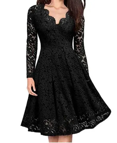 Women Lace A-Line Dress Spring Autumn V Neck Long Sleeve Lace Crochet Patchwork WineRed Slim Party Dresses JYFS-JY8858 — image 8