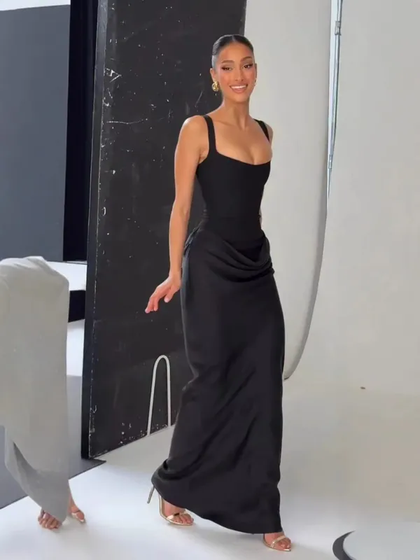 Sexy Backless Ruched Maxi Dress for Women U-neck Sleeveless Bandage Bodycon Black Long Dresses Lady Evening Party Gown — image 6