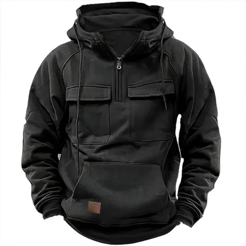 Novo outono-inverno masculino com capuz de cor sólida casual hoodie-moda jovem homem multi-bolso remendo moletom com capuz pulôver camisa — image 1