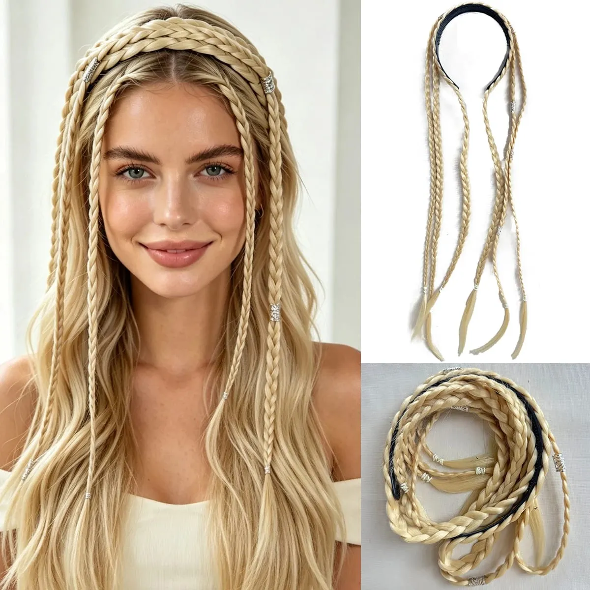 Synthetic Braided Headband Wig Braids Hairband With Decorative Silver Rings Long Box Braid Headband Hairpieces For Women Daily — image 2