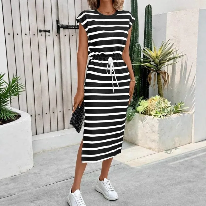Fashion Ladies Black and White Striped Split Crew Neck Casual Dress White Dress Women Dress Summer Dress — image 4