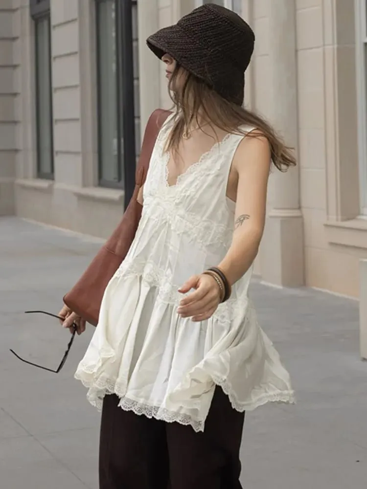 Pambabaeng A-Line na Dress V-Neck na walang manggas na Lace Trim Tiered Flared Casual Daily Wear Dress Naka-istilong Babaeng Frock — image 4