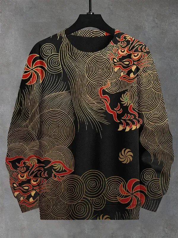 Djurkatttröjor för män Långärmad tröja O-halsmode Cool dagligen 3D-tryckta japanska konsttryck Casual sweatshirts