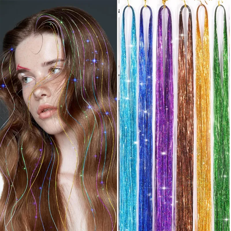 6Pcs/set Sparkle Shiny Hair Tinsel Hair Extensions Dazzles Women Hippie for Braiding Headdress Hair Braiding Tools Long 60cm — image 10
