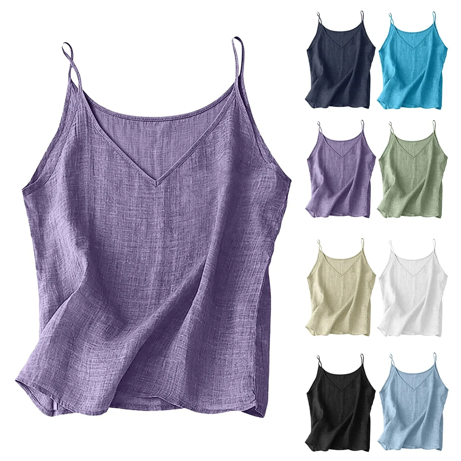 Women Cotton Linen Spaghetti Strap Tank Top V Neck Solid Color Loose Fit Lightweight Casual Sleeveless Camisole Summer Beach Top — image 2