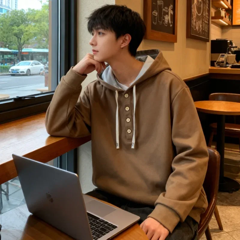 Four button hooded sweatshirt autumn winter men's new long sleeved hooded sweatshirt fashionable and casual men's sportswear, — image 12