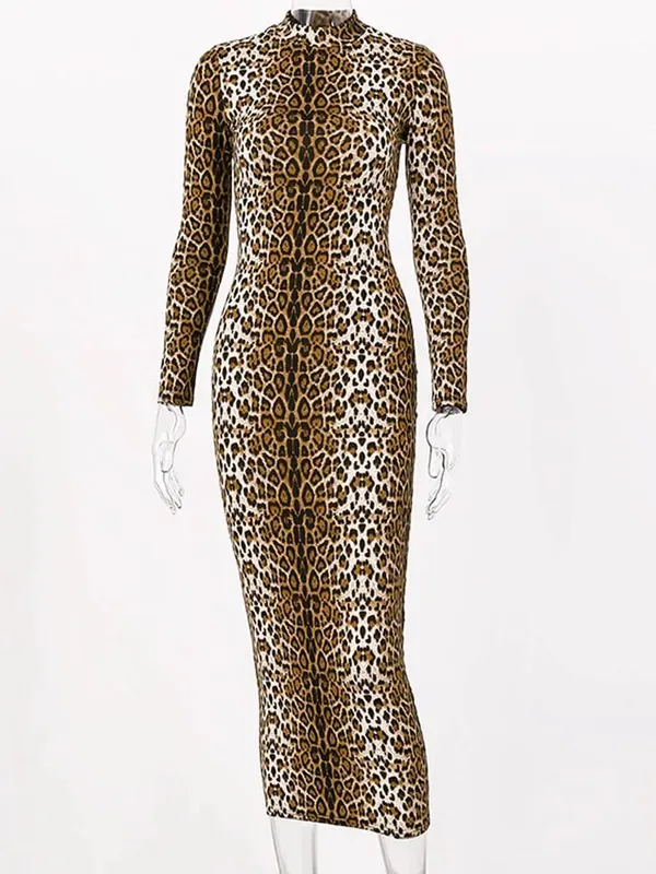 leopard print long sleeve slim bodycon sexy dress taglagas taglamig kababaihan streetwear party festival dresses outfits — image 6