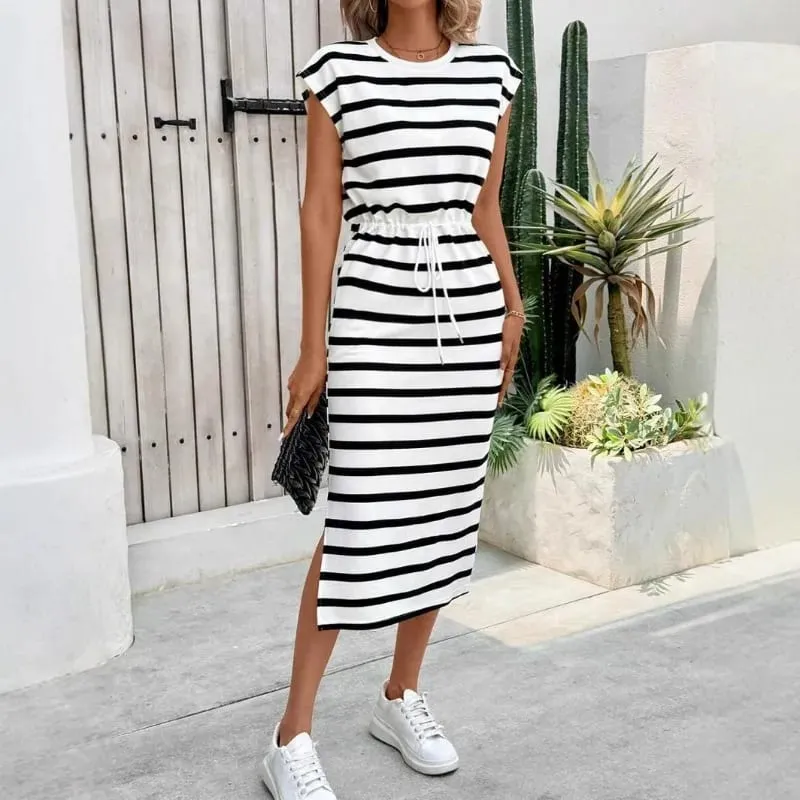 Fashion Ladies Black and White Striped Split Crew Neck Casual Dress White Dress Women Dress Summer Dress — image 2