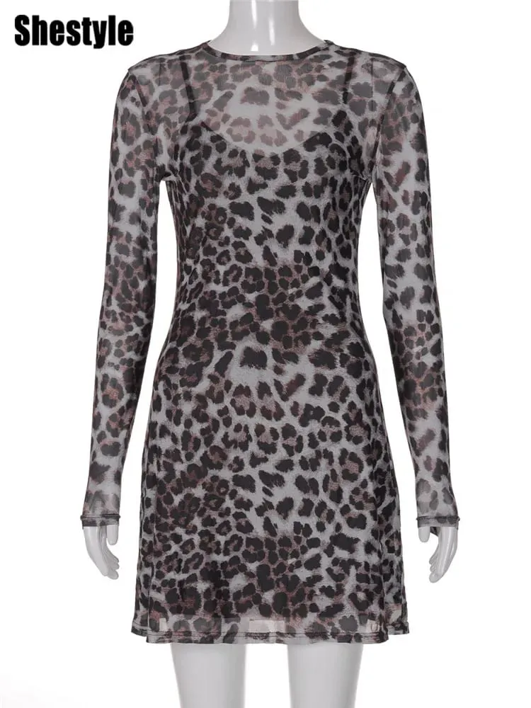 Shestyle Leopard Sexy A-Line Dress Women Two Piece Sets Mesh See Through Fashion Extremely Hot High Street Animal Print Naka-istilong — image 6