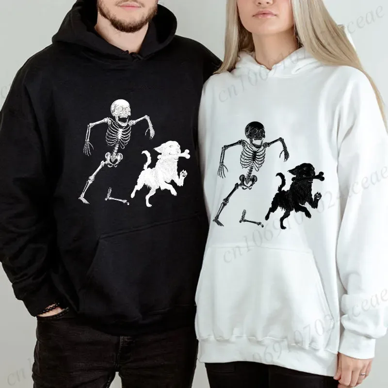 Vintage Halloween Men Women Hoodies Funny Skeleton Dog Print Tees Short Sleeve Casual Tops Halloween Party Costume Street Wear — image 2