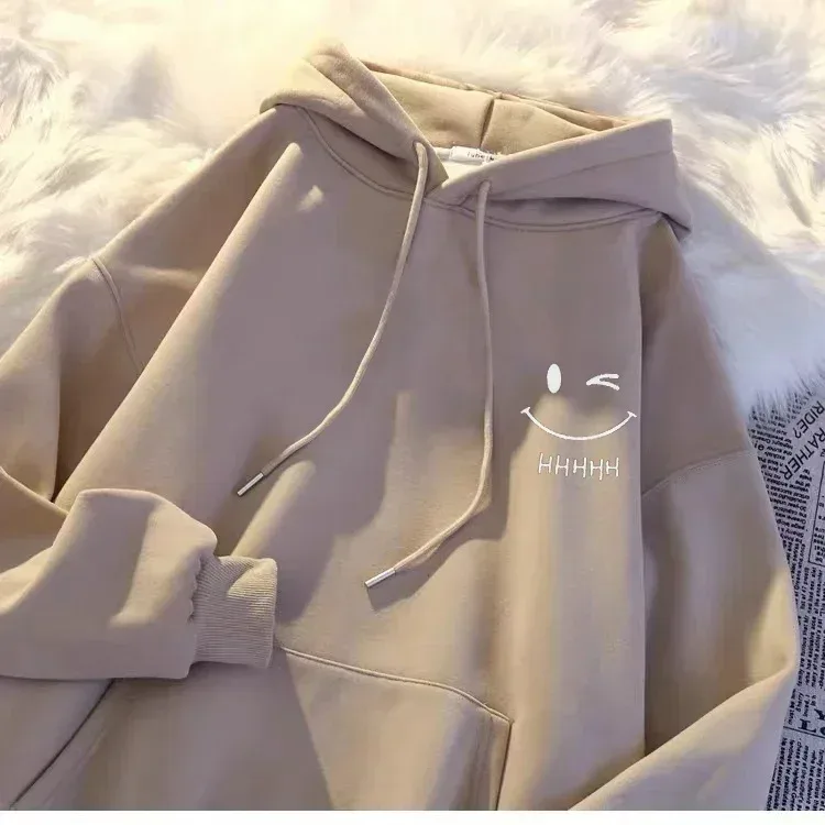 Rosto sorridente masculino engraçado moda casal suéter com capuz americano pesado solto engrossado cashmere meninos moletom com capuz topo — image 7