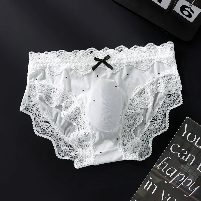 Sexiga byxor för män Spetskant Polka Dot Underkläder Ice Silk Sissy Trosor U Convex Pouch Kalsonger Seamless Se Through Underkläder — image 12