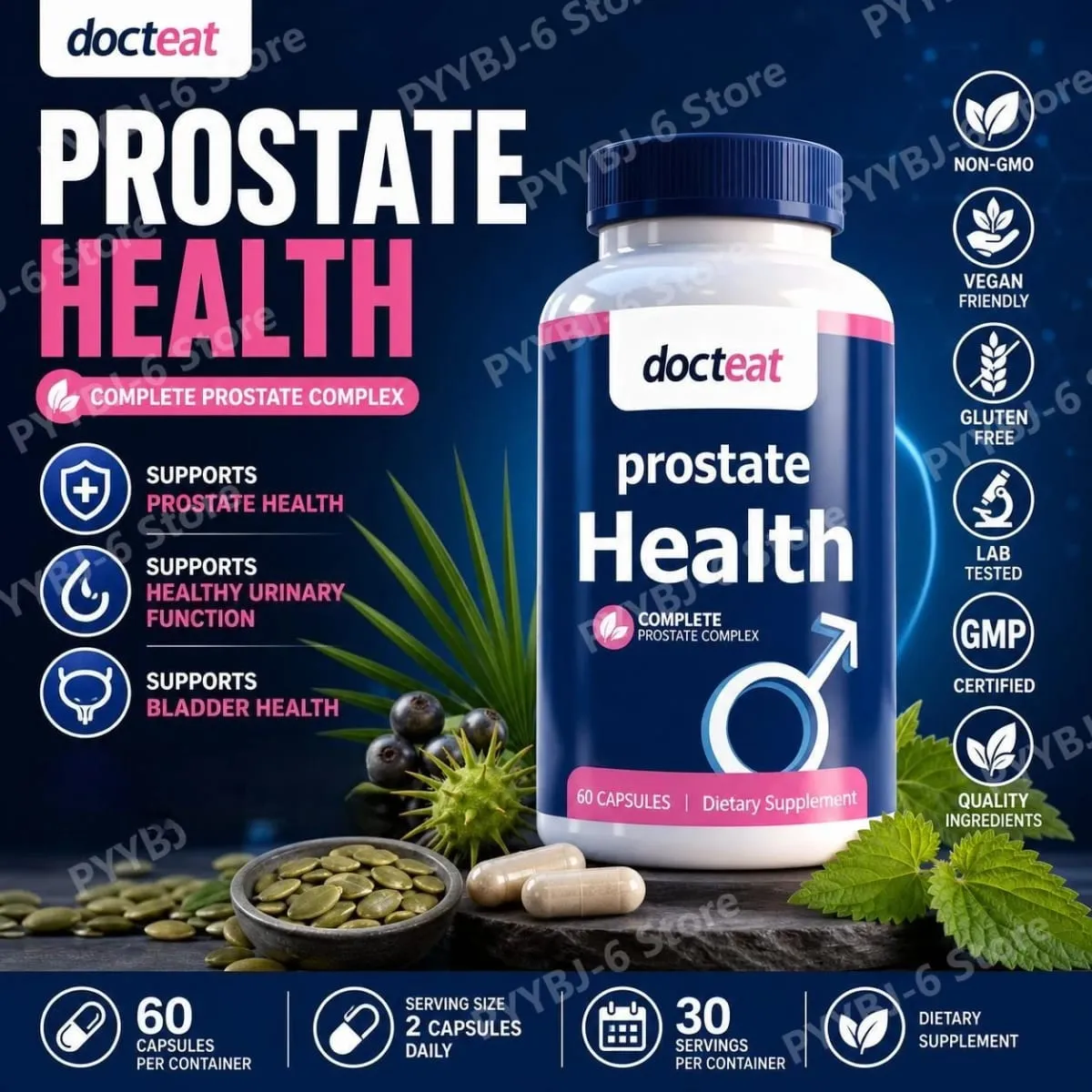 Docteat Prostate Health Capsules with Saw Palmetto Extract Pumpkin Seed Extract Stinging Nettle Root Extract 60 Capsules — image 1