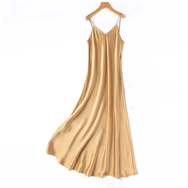 2026 Pambabaeng Fashion Bagong 21MM 100% Natural Mulberry Silk Plain Satin Extended French Sexy Adjustable Shoulder Strap Solid Dress — image 22