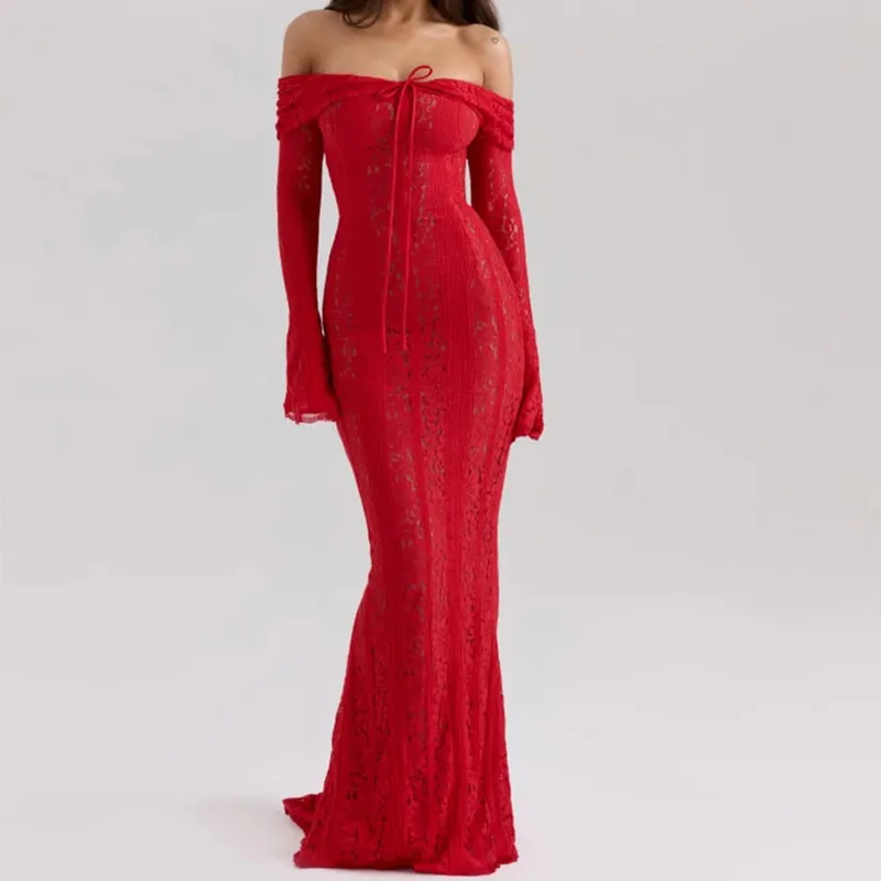 Oligai Elegant Off The Shoulder Bodycon Dress 2024 Nytt i vitt Flare Sleeve Lace Maxiklänning Bröllopsgästklänning för kvinnor — image 8