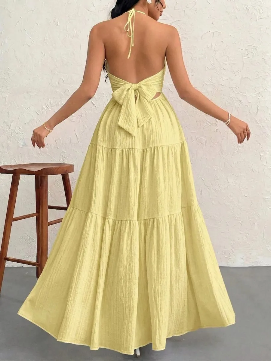 Women's Casual Dresses Halter Backless Yellow Tiered Flowy Boho Dress Spring Summer Beach Vacation Breathable Dress — image 2