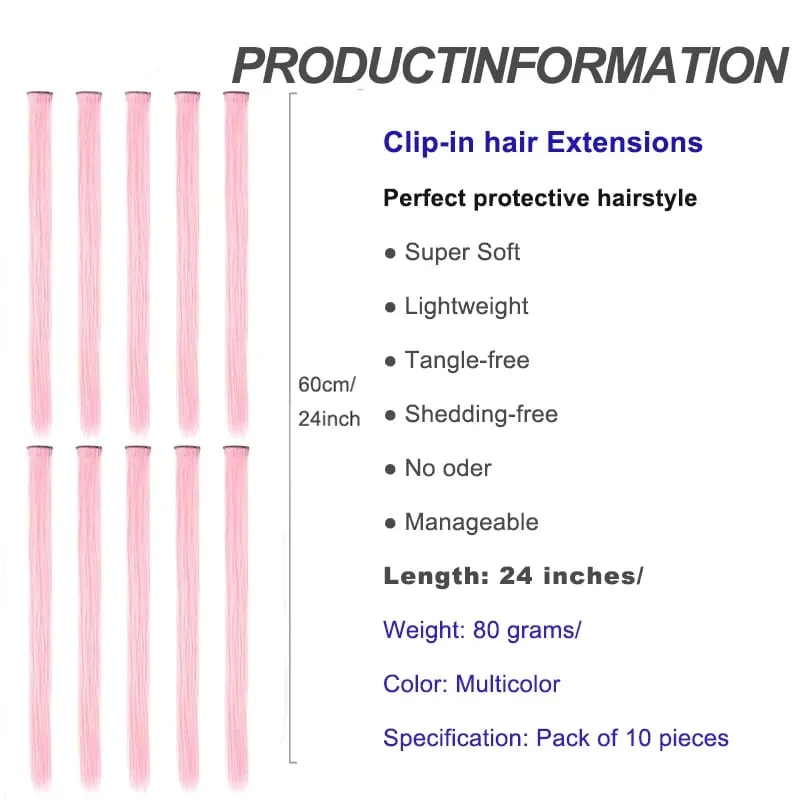 10Pcs 24 Inch Highlight Colorful Single Clip‑in Hair Extensions Synthetic Hair Pieces for Halloween Cosplay Birthday Party — image 3