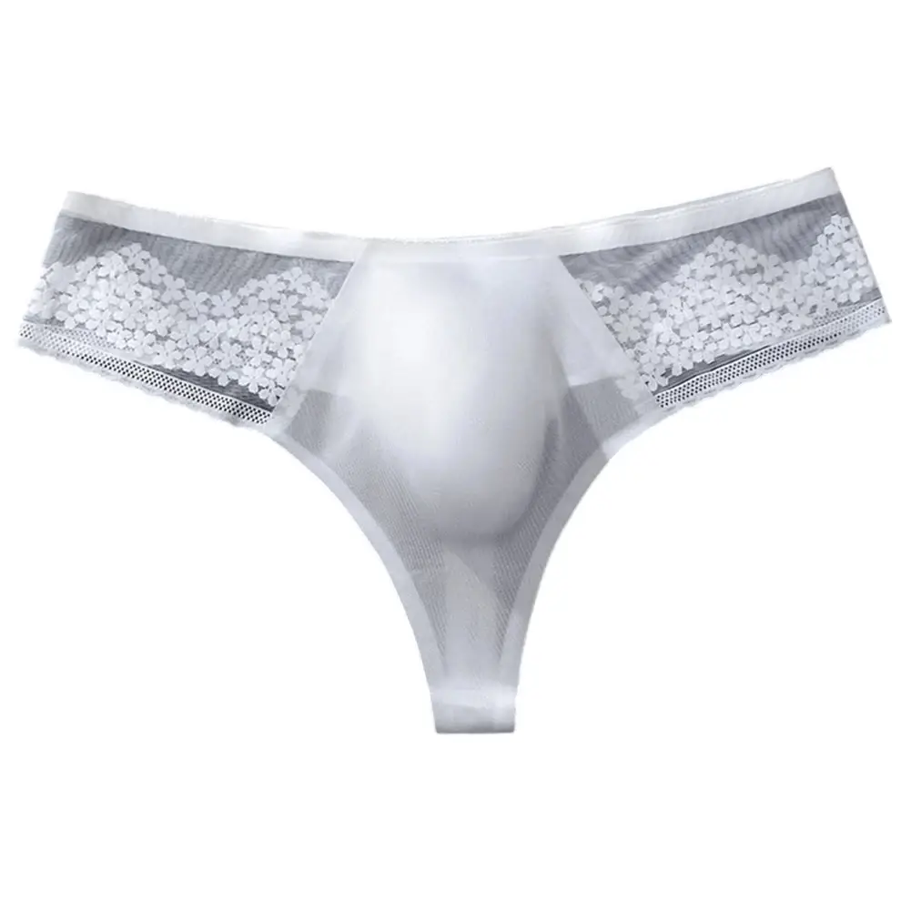 Breathable Men's Lace G-String Underwear Featuring Thin Seamless Ice Silk Fabric with 3D Bulge Pouch and Solid Color Design
