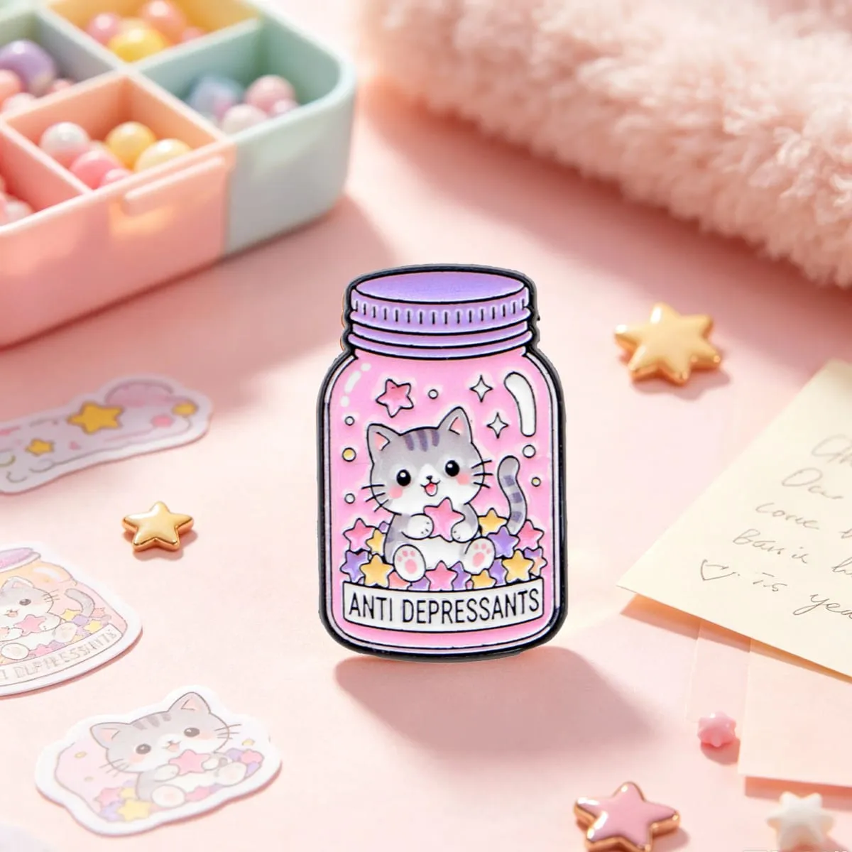 Sweet Pink Cat Star Bottle Enamel Brooch ANTI DEPRESSANTS Badge Cute Animal Lapel Pin Backpack Jacket Decorative Accessory — image 1