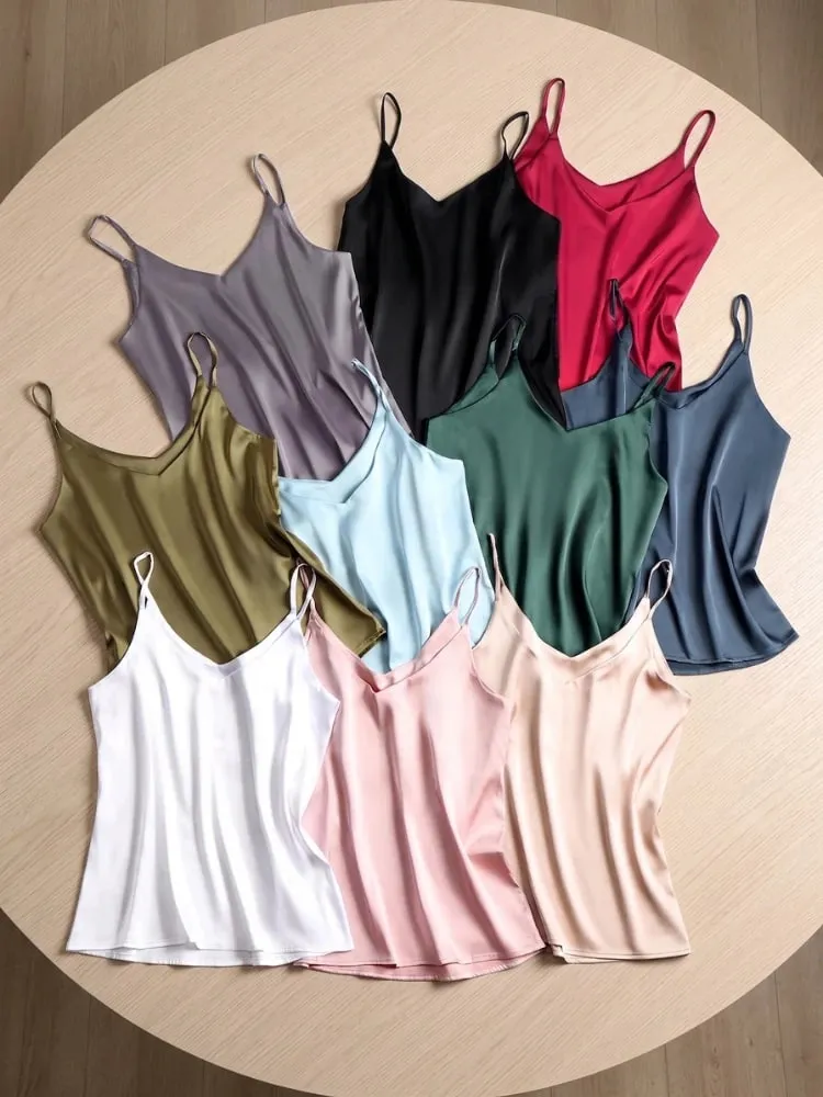 2026 Summer Spaghetti Strap Women Tank Top Halter V Neck Basic White Cami Sleeveless Satin Silk Tops Women'S Camisole — image 3