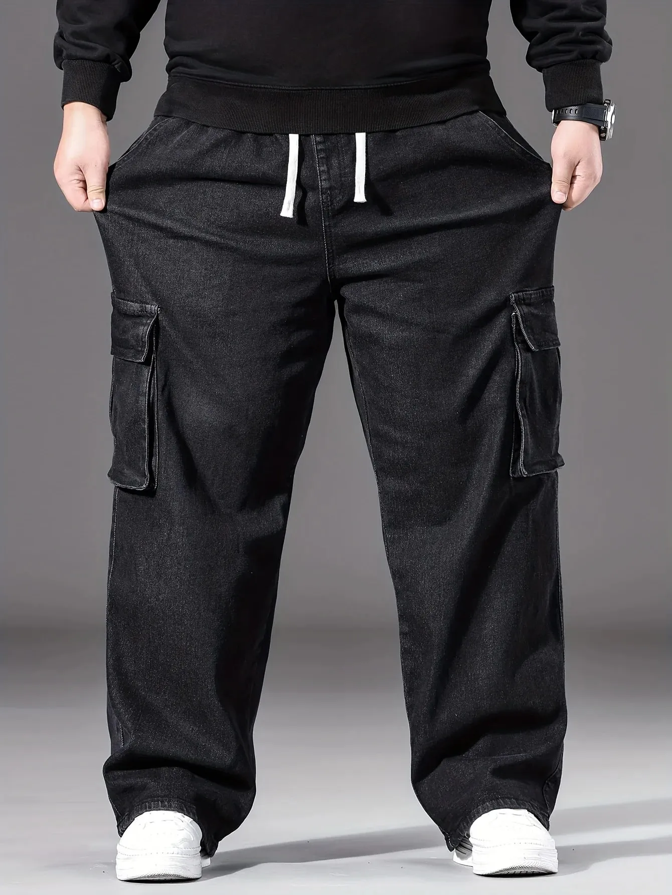 2026 New Men Oversized Jeans High Waist Elastic Drawstring Stretch Baggy Denim Pants Casual Versatile Plus Size Trousers — image 6
