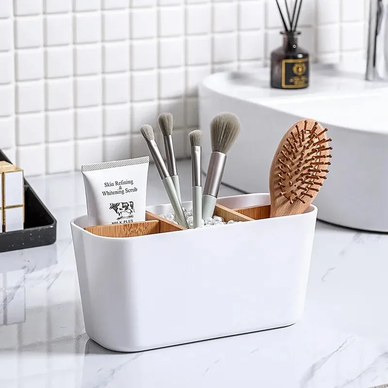 Makeup Brushes Holder with Bamboo 5 Slots Dividers Multipurpose Makeup Brush Comestic Tools Lipstick Desktop Storage Organizer — image 4
