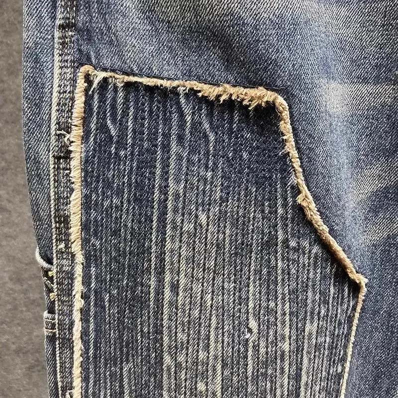 Original Luxury Brands Clothing Punk Handsome Design Trendy Brand Pants Men's Loose Straight Sticker Splicing Logging Work Jeans — image 4