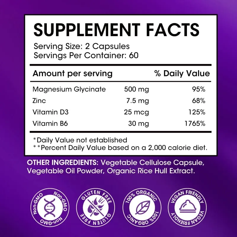 Kexinsh Magnesium Glycinate Supplement 500mg dengan Zink Vitamin D3 B6 Menggalakkan Tidur Semulajadi Mengurangkan Tekanan dan Keresahan Bukan GMO — image 2