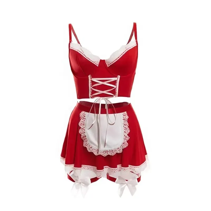 4Pcs/set Sexy Pink Lingerie Maid Underwear Lace Push Up Bra And Thongs Bandage Mini Dress For Women Role Play Outfits Sleepwear — image 5
