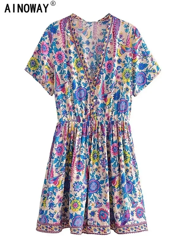 Vintage Chic Dam Peacock Blommönster Djup V-ringad Bohemian Mini Klänningar Dam Kortärmad Happie Beach Boho Klänning Vestidos — image 2