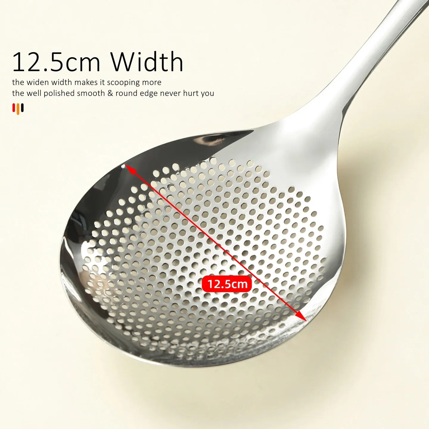 12.5cm Width 33cm Length Cooking Sieve Ultra Thick Pure 304 Stainless Steel Frying Colander Noodle Strainer with Fine Meshes — image 6