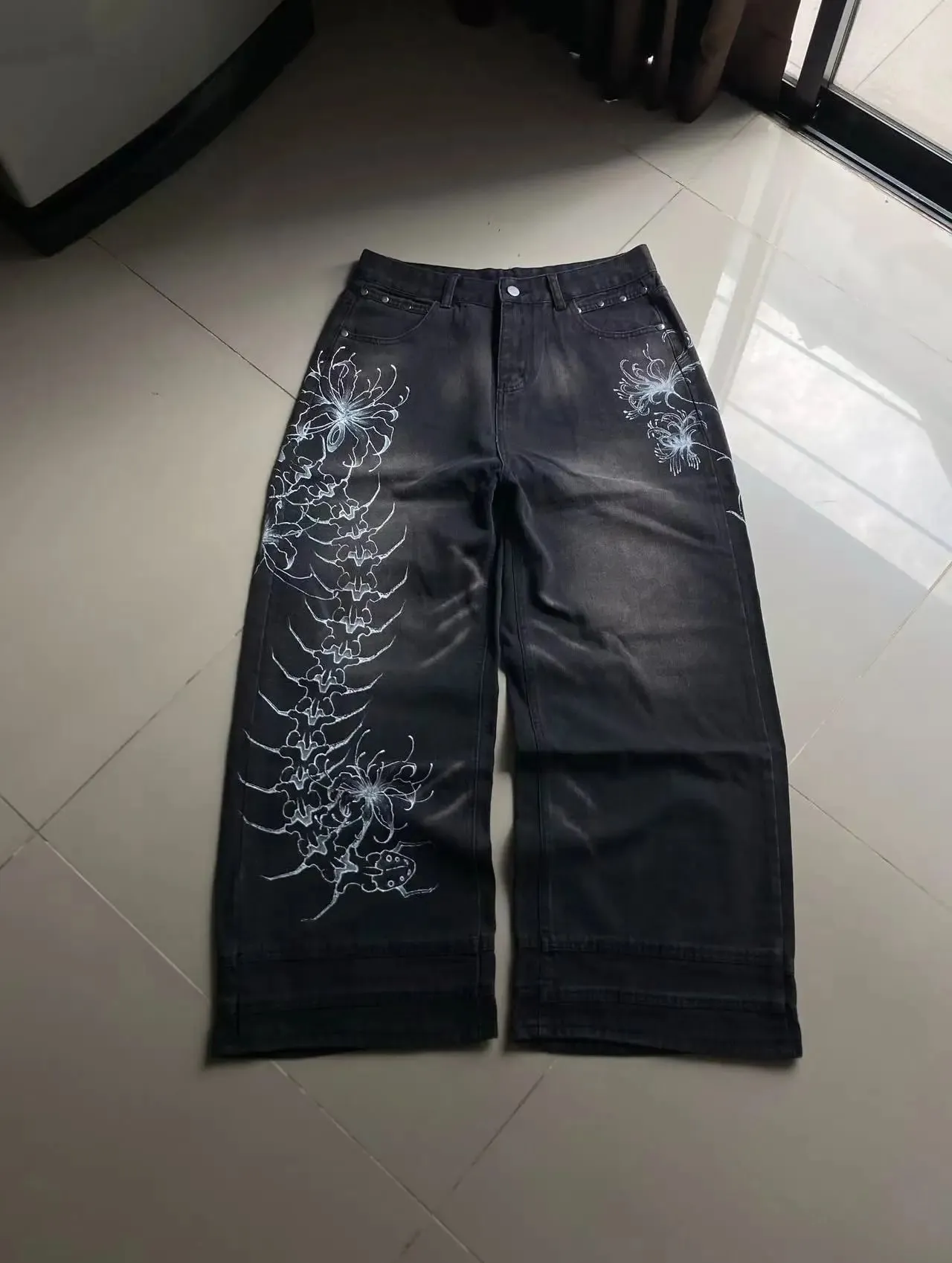 Y2K Vintage Gothic High Street Denim Black Wash Gradient Spine Spider Lily Print Wide Leg Jeans — image 4