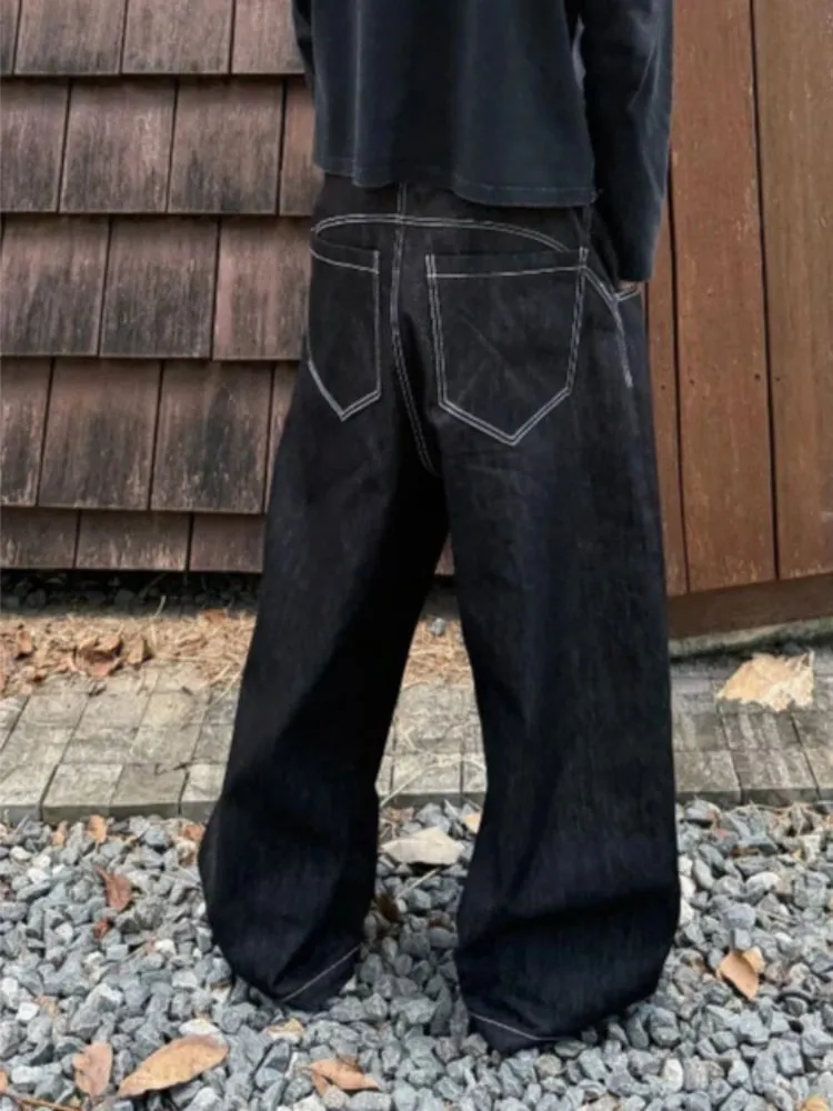 Mens Jeans Harajuku American Vintage Streetwear Buckle Design Curved Denim Pants Loose Fit Wide Leg Silhouette Unisex Fashion — image 3