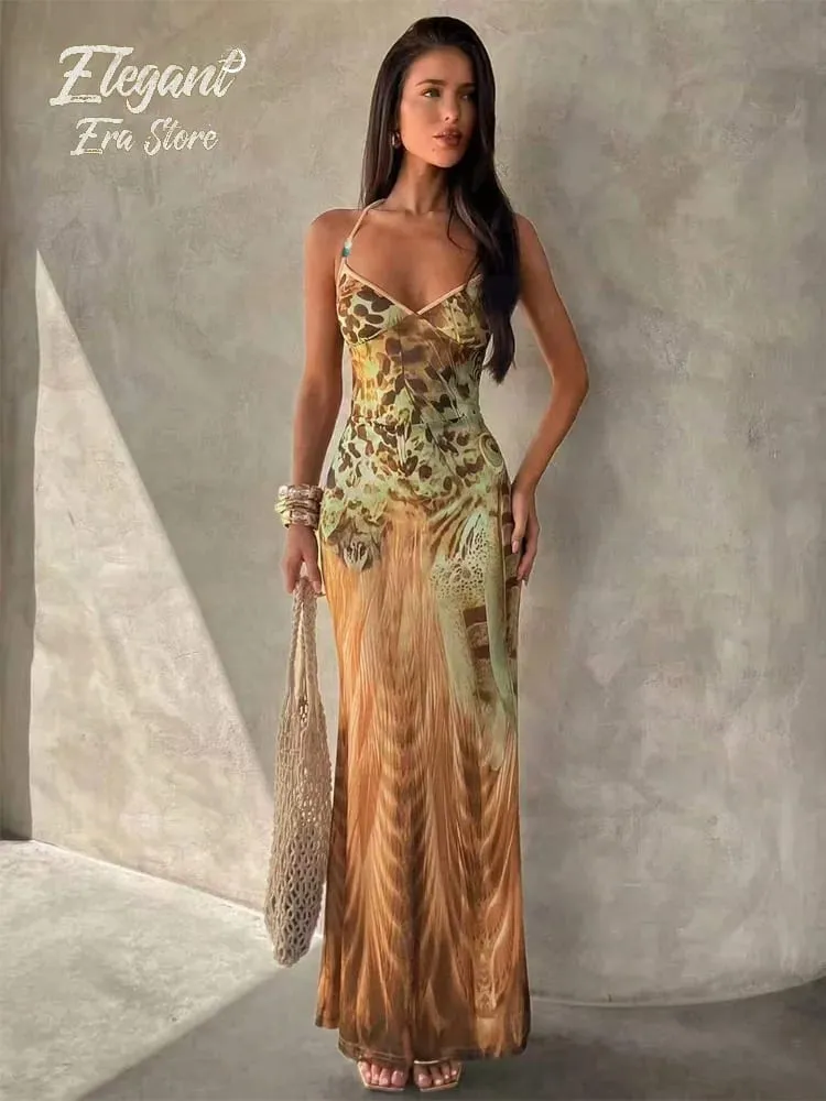 Vintage Print Sleeveless Irregular Hem Dress Women's Sexy Backless High Waist Slim Fit Vestidos Summer Lady Vacation Beach Wears